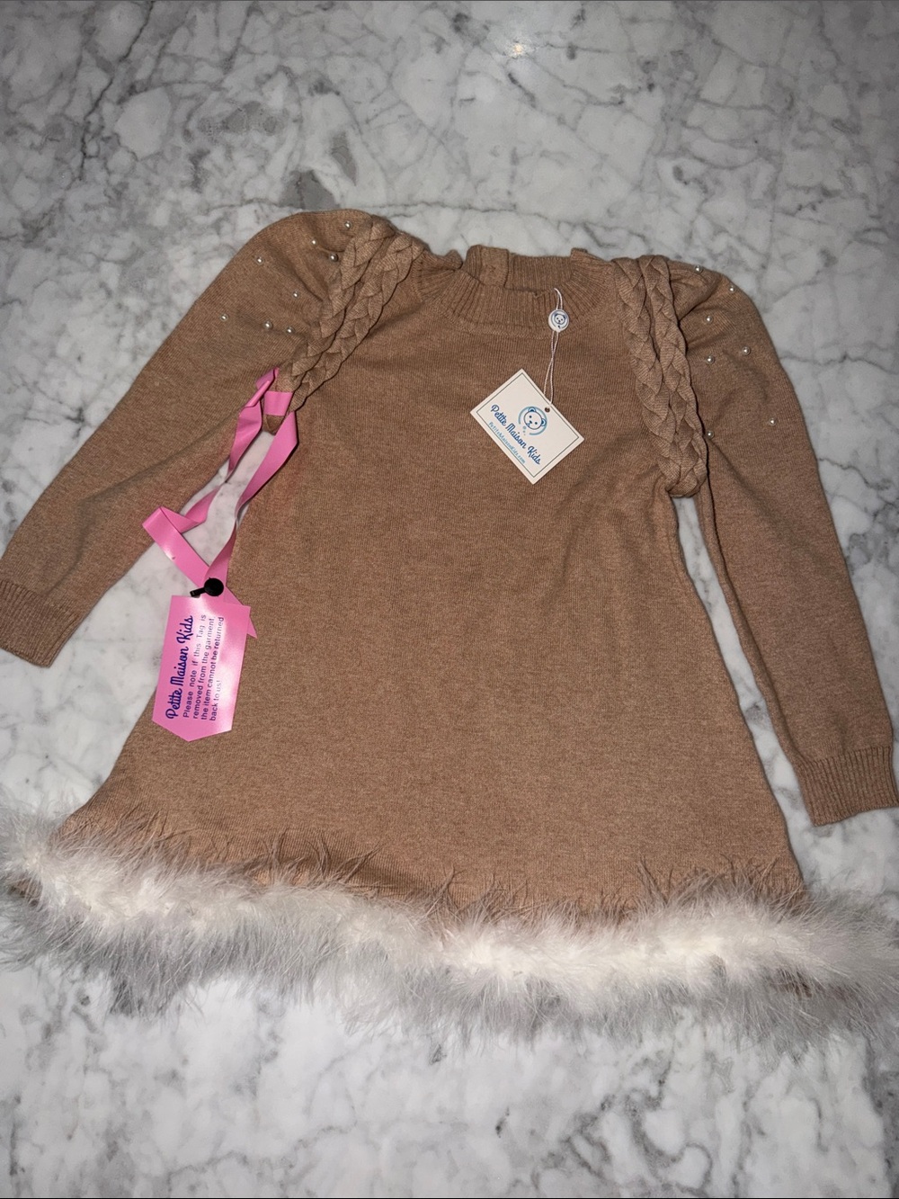 NWT PETITE MAISON KIDS ANNA BEIGE Feather Dress with Braided Shoulders 2Y